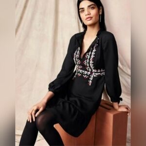 Ann Taylor Boho Embroidery Aztec Ruffle Neckline Puff Sleeve Zipper Midi Dress